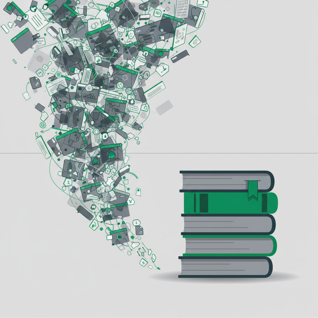 conceptual illustration of digital chaos, scattered overlapping notification bubbles and files vs a neat stack of organized books, minimalist vector style, slate gray and emerald green
