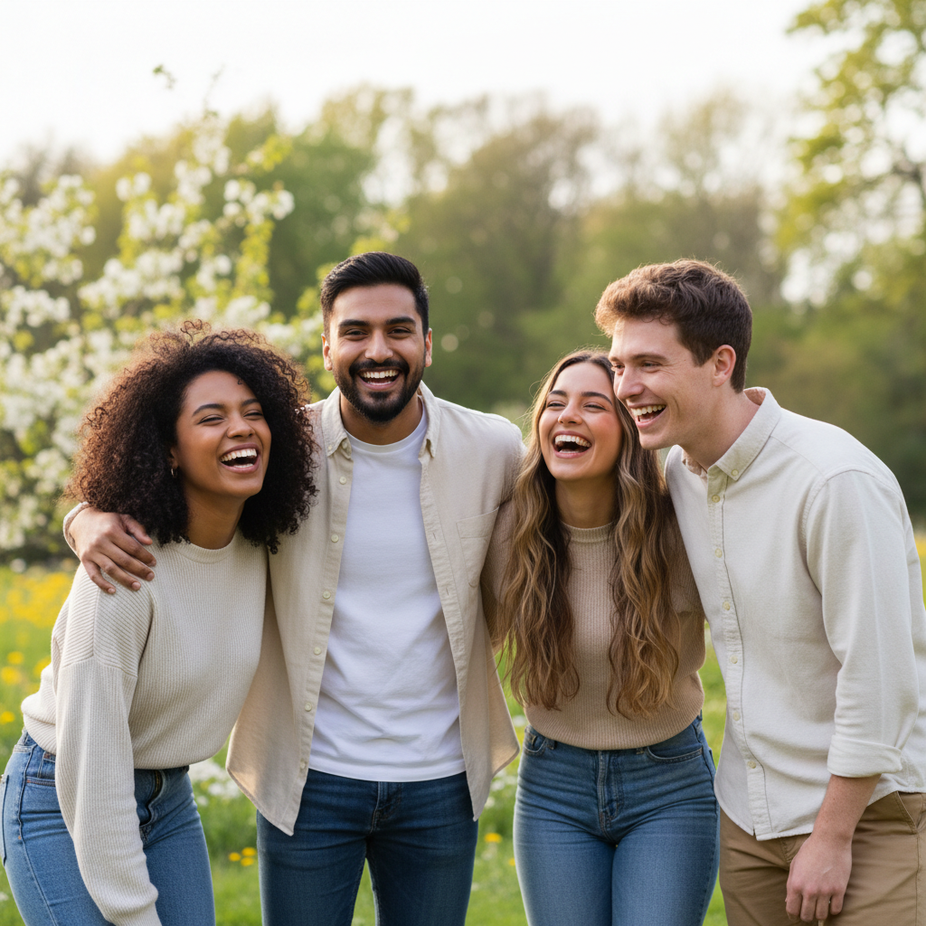 A diverse group of young adults laughing together outdoors, showing bright white smiles, natural lighting, lifestyle photography, blurred background, sense of happiness and wellness