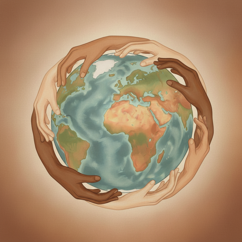 A warm, detailed illustration of diverse hands passing a globe to each other, symbolizing connection and care, earth tones, soft texture