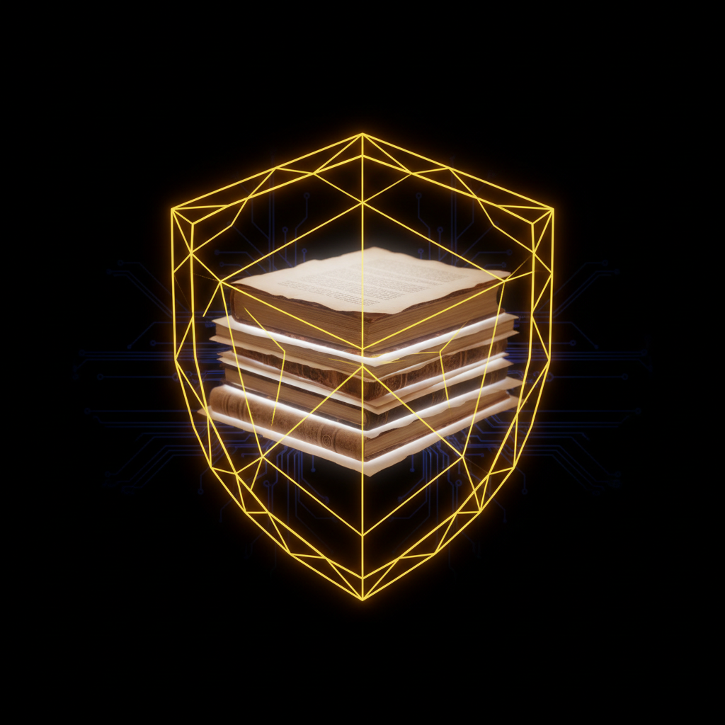 A close up of a high tech digital shield protecting a stack of documents, yellow and gold glowing forcefield, cyber security concept, black background