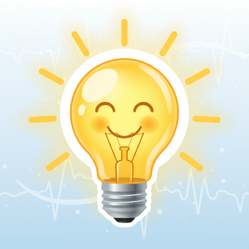 A giant yellow lightbulb with a cute smiley face, cartoon style, representing an idea.