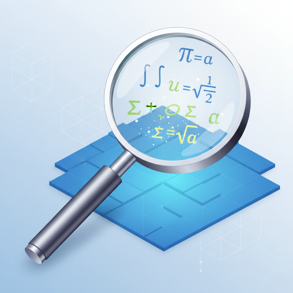 magnifying glass looking at mathematical symbols, 3d isometric icon, education style