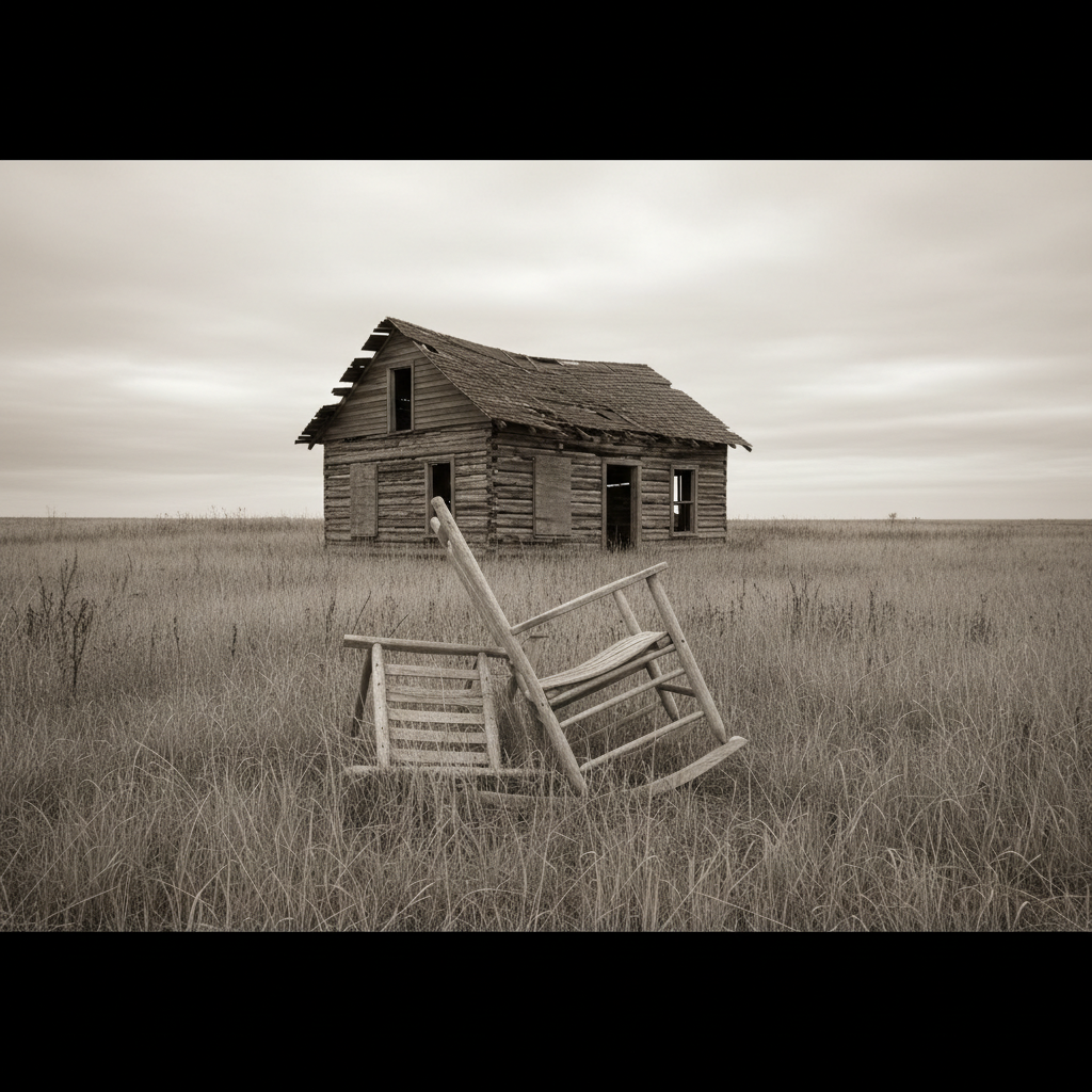 An empty wooden rocking chair overturned in tall grass in front of an abandoned log cabin, melancholic mood, sepia tones