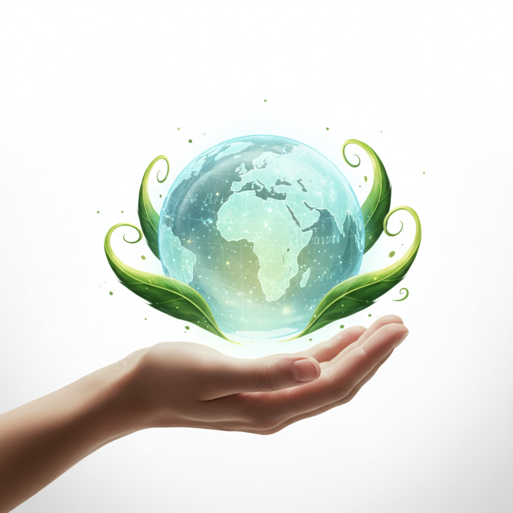 Concept art of a hand holding a glowing digital globe with a leaf, representing technology and nature balance, soft lighting, clean studio background