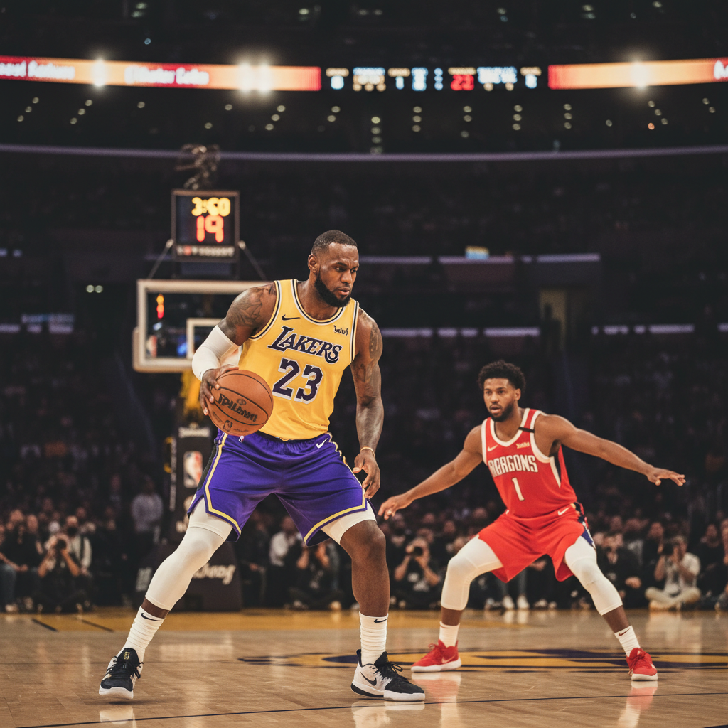 LeBron James in Lakers jersey dribbling in isolation at the top of the key, defender backing up, intense focus, basketball arena background, photorealistic