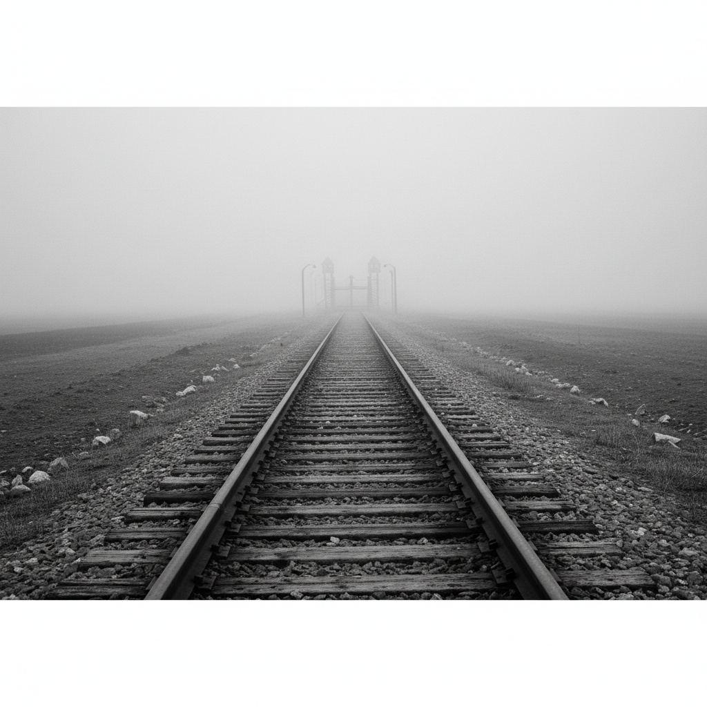 A solitary railway track leading into a fog towards a distant gate, black and white photography, somber, respectful, historical concept of concentration camps