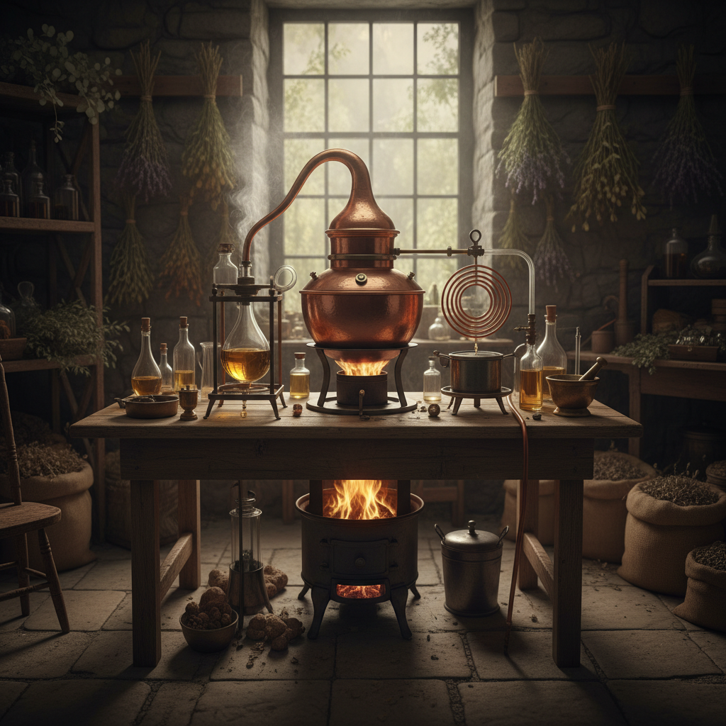 Copper alembic still for steam distillation in a rustic workshop, vintage style, essential oil extraction process