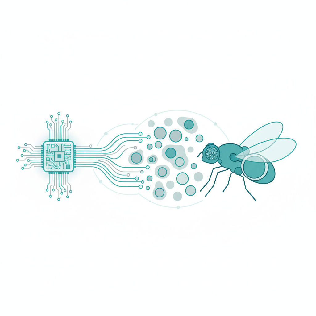 An abstract illustration combining a digital neural network with biological cellular structures, connecting a computer chip to a fruit fly, minimalist style on white background, teal and soft grey colors