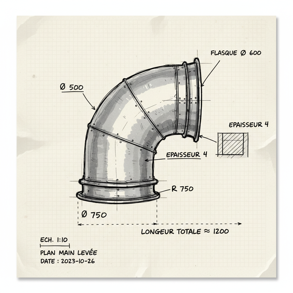croquis technique main levée d'un coude de ventilation industrielle avec annotations dimensions, plan papier