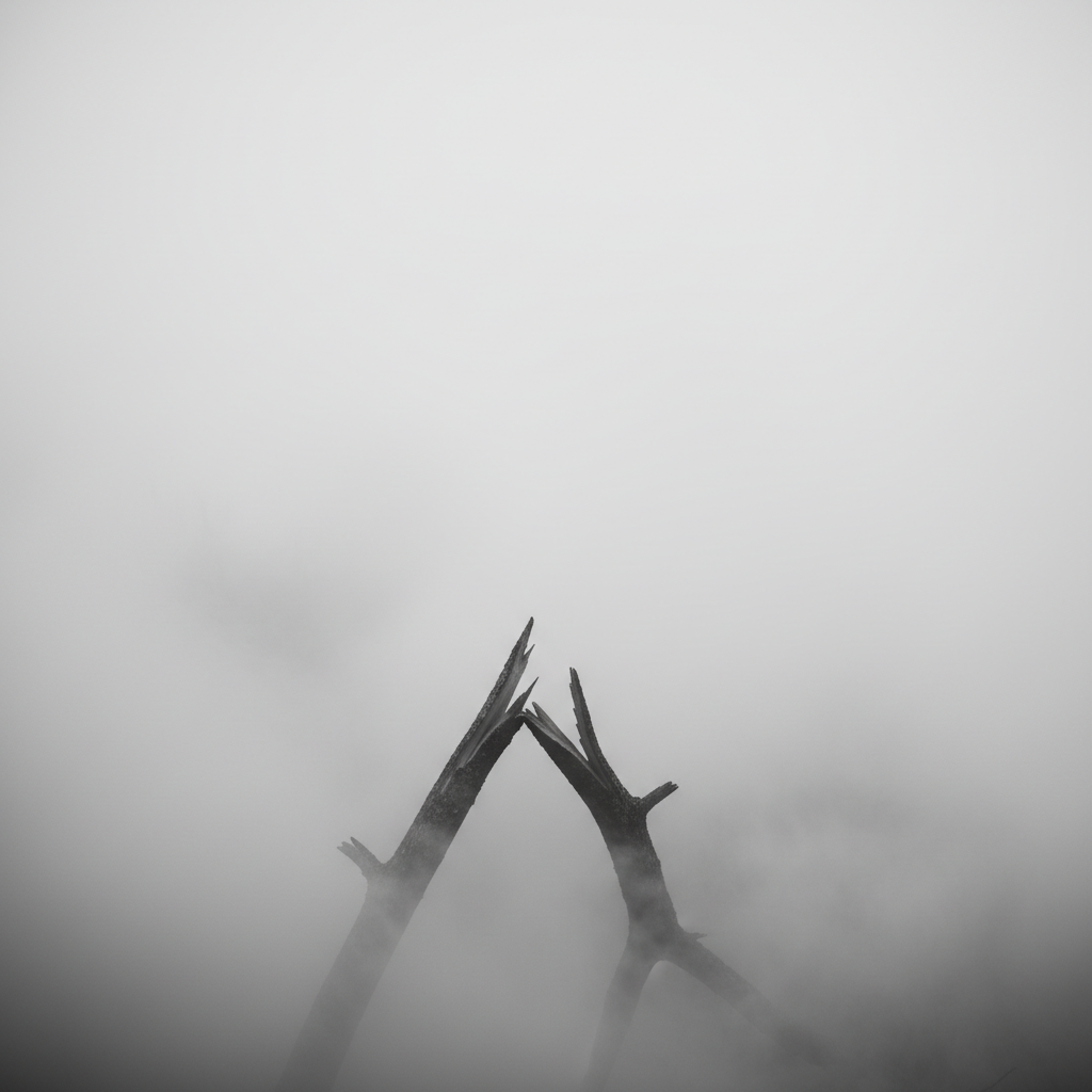 Abstract image of thick fog and a broken branch, symbolizing loss and unclear vision, muted grey tones