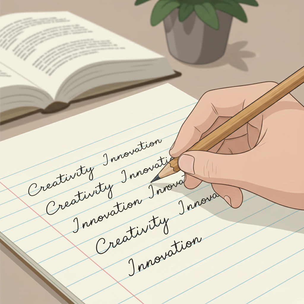 Illustration of a pencil writing neat handwriting on lined paper.