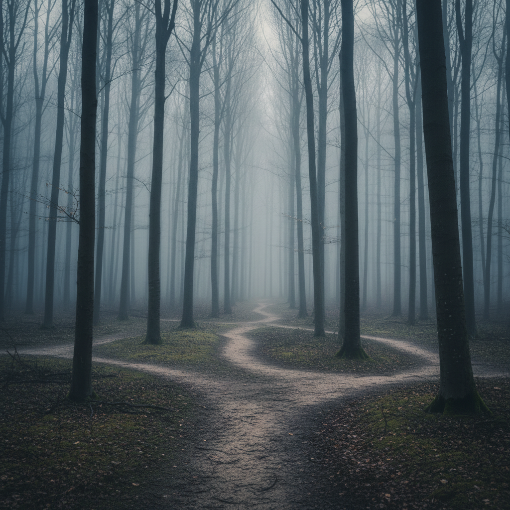 Minimalist landscape of a winding path through a foggy forest, representing a journey and difficult choices, cinematic, 8k