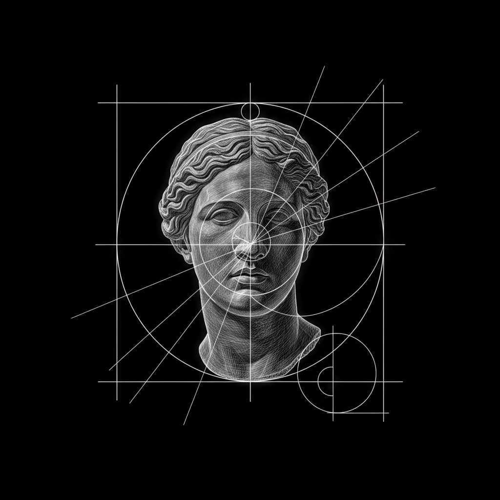 golden ratio spiral overlay on a classical sculpture drawing, technical lines, blueprint aesthetic, white on black background, minimalist