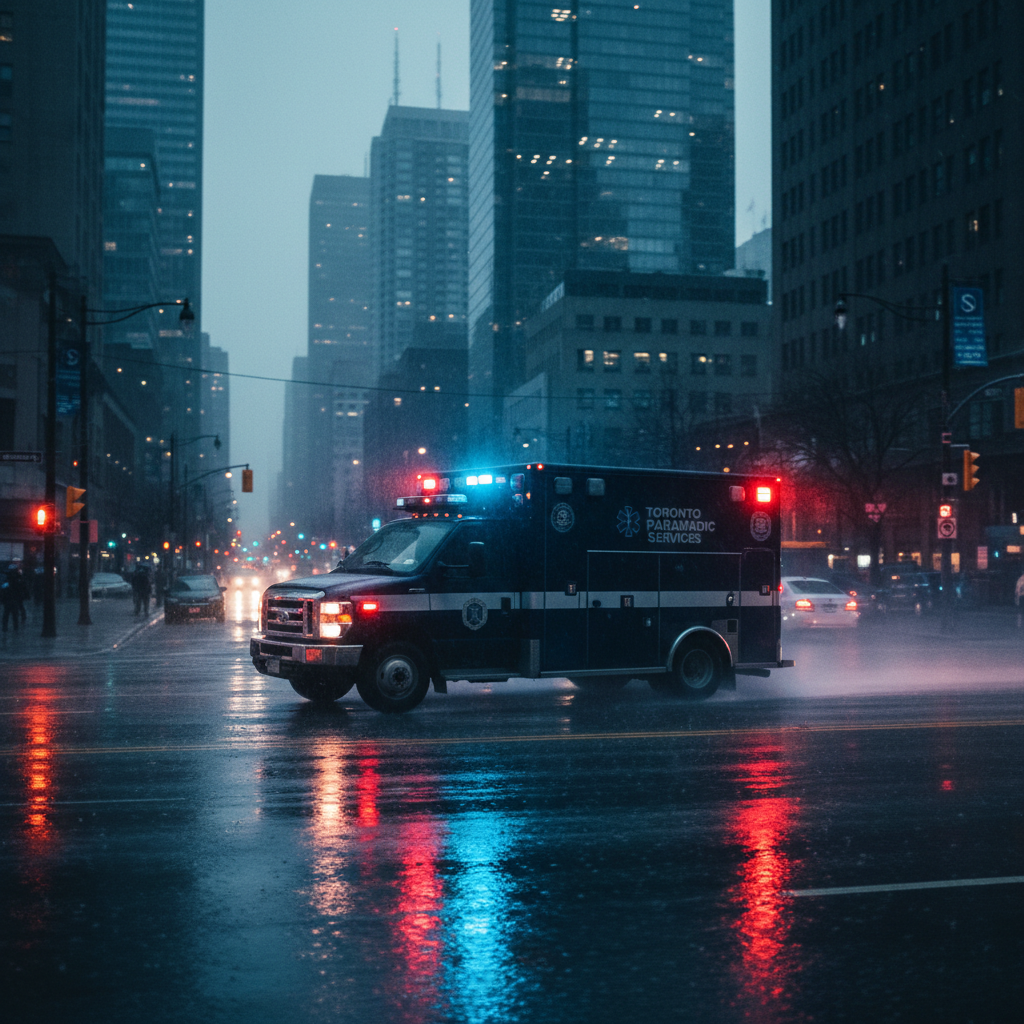 Cinematic shot of a Toronto ambulance driving on a rain-slicked city street at night, dark navy and black tones, red emergency lights reflecting on wet asphalt, 8k resolution, highly detailed, moody atmosphere