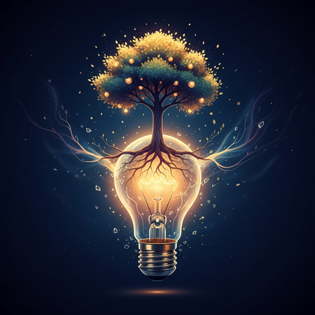 Artistic illustration of a glowing lightbulb turning into a tree, dark blue background, symbolizing a growing idea and mindset