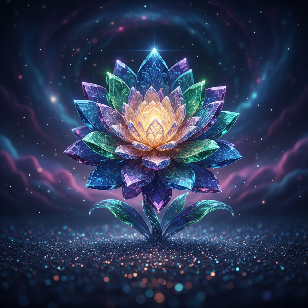 An intricate, glowing crystal flower blooming, cinematic lighting, high detail, symbolizing beauty