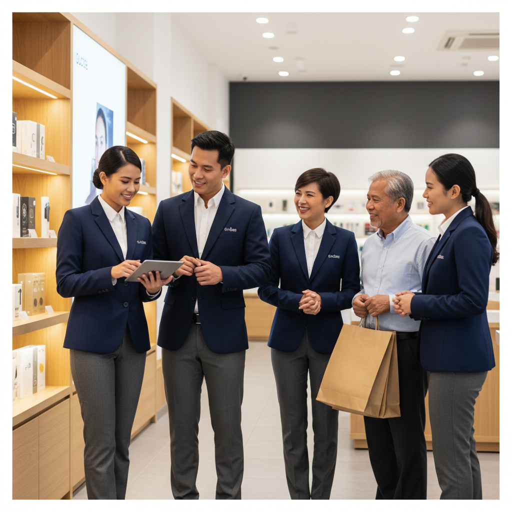group of professional diverse brand ambassadors in uniform interacting with customers in a retail store friendly and professional