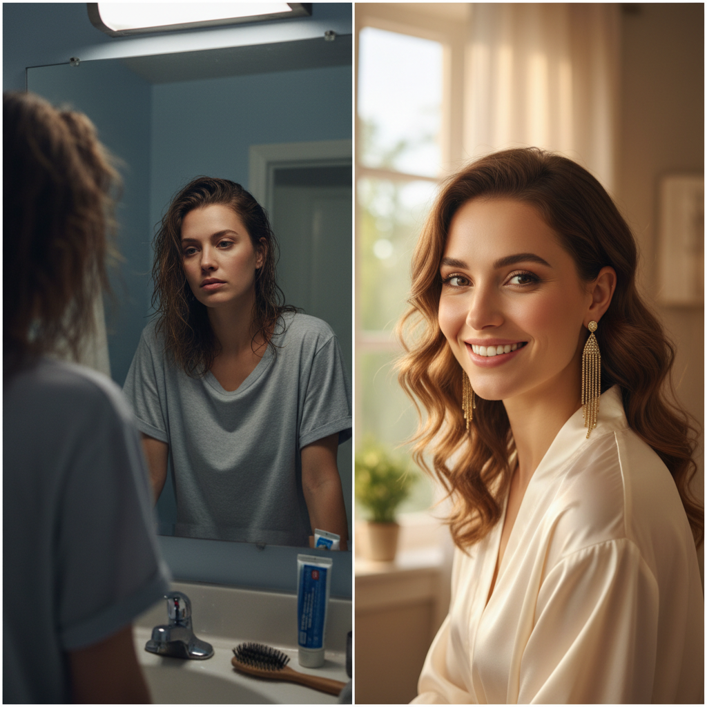 Split screen: left side woman looking tired in bathroom mirror, right side looking radiant wearing gold earrings, soft morning light