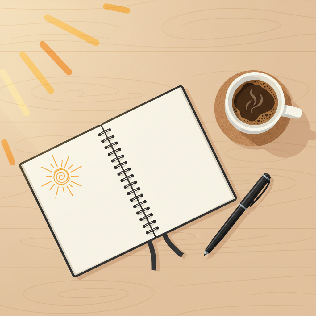 Top down view of a neat desk with a planner notebook, open pen, cup of coffee, morning sunlight graphic style