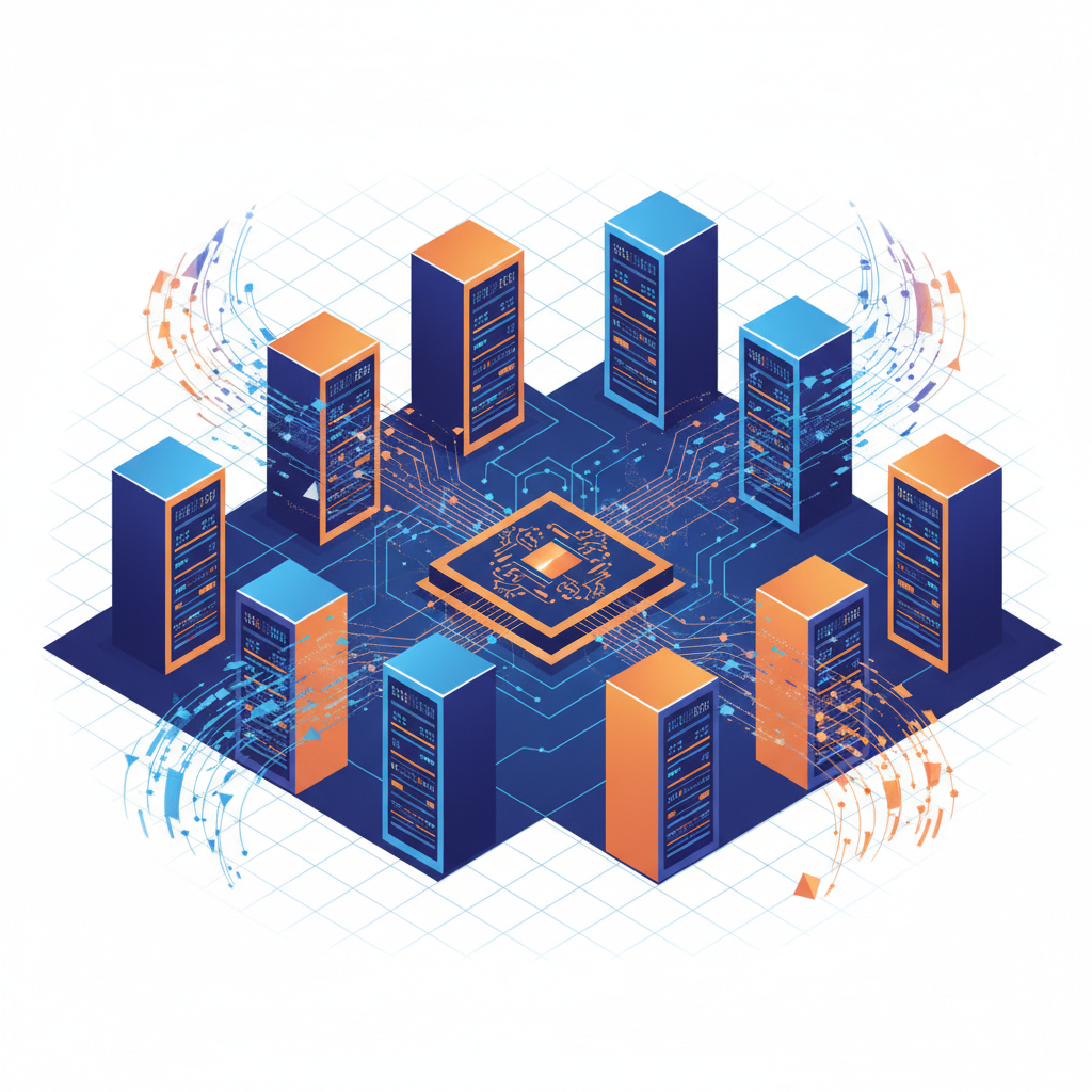 Modern server room abstract illustration with blue and orange lighting, digital data flow representation, isometric style, clean background