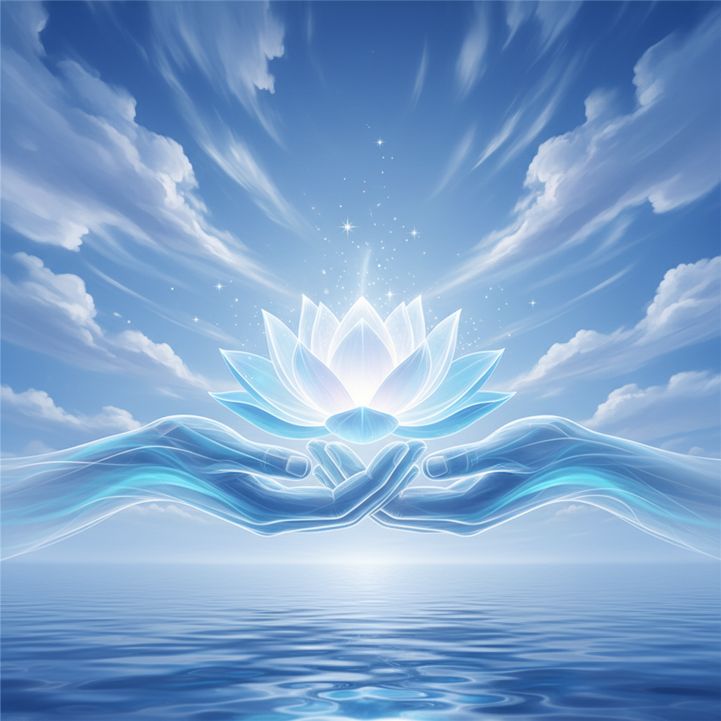 Symbol of unity and peace, hands holding a light or lotus, cool colors, sky blue and white, serene atmosphere