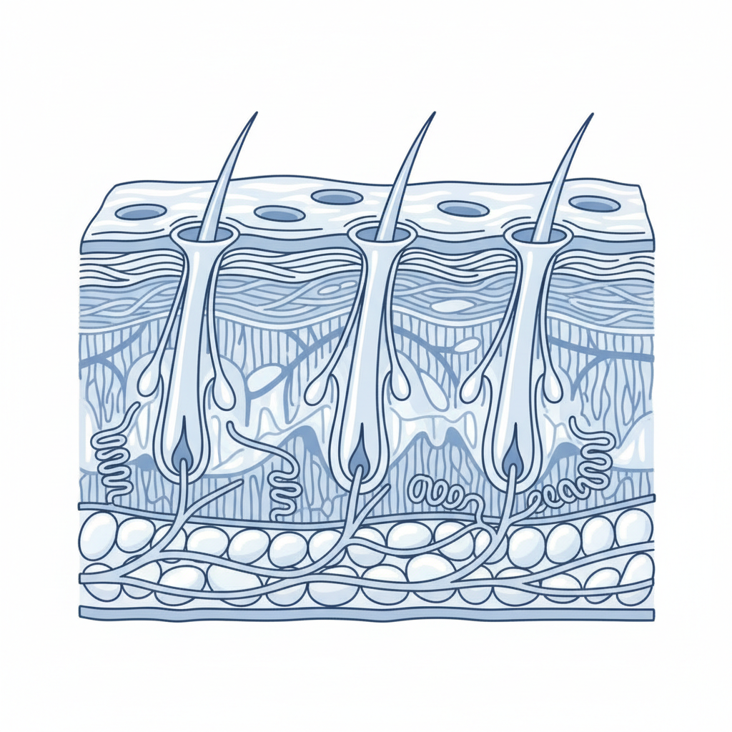 scientific illustration of skin layers and pores, clean, schematic style, clinical blue and white colors