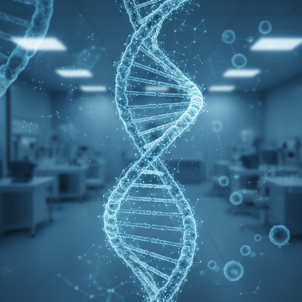 Abstract DNA double helix structure, glowing blue connectivity lines, genetics concept, medical background, high definition