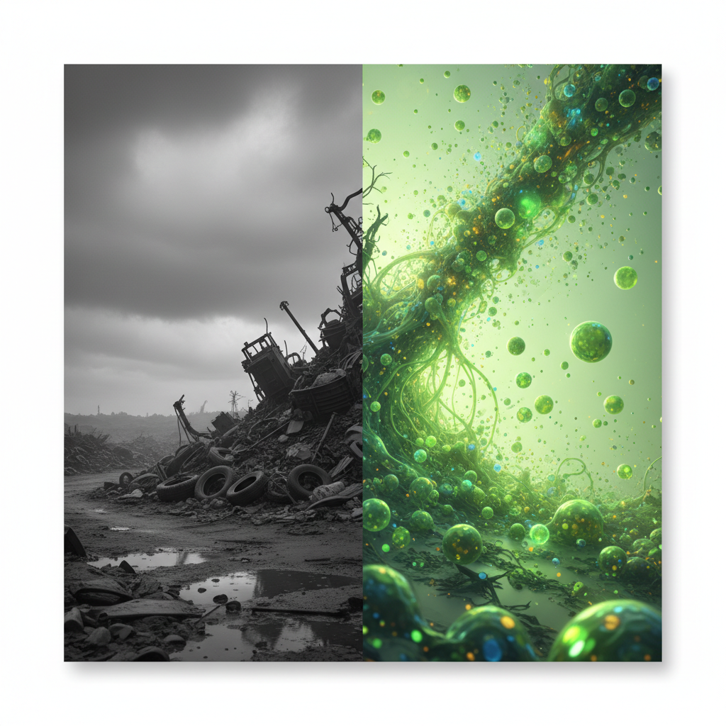 A split composition showing a gloomy monochromatic landfill on the left transitioning into bright green floating organic particles on the right, digital art style