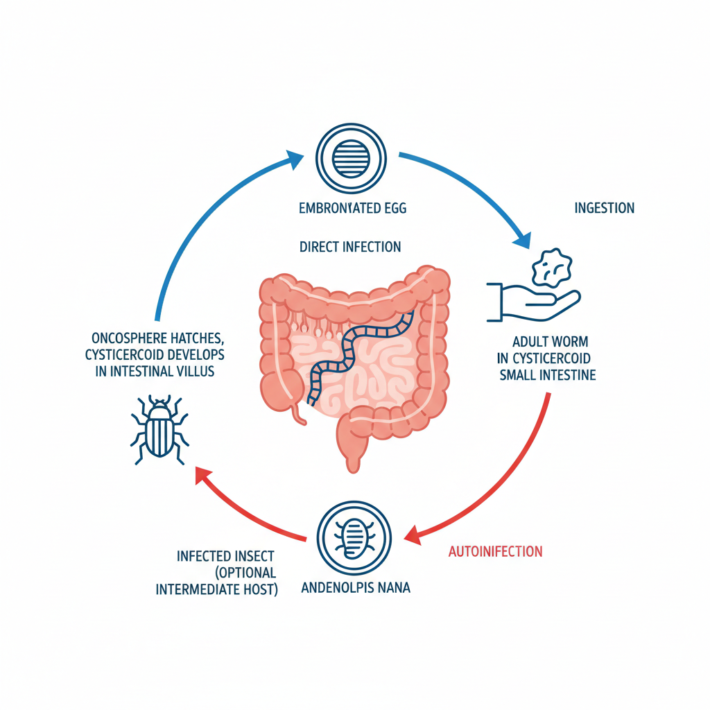 Diagram of Hymenolepis nana life cycle showing direct infection and autoinfection, clean medical vector style, blue and red accents