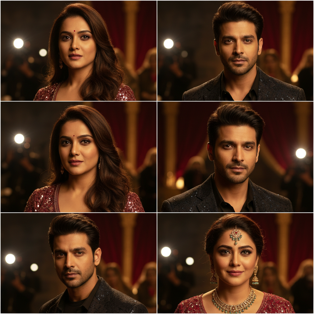 A montage of cinematic portraits representing Indian television actors, dramatic lighting, red carpet style, no text