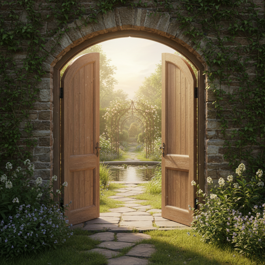 an open door leading to a calm garden, inviting, safe passage, soft lighting, symbolic of openness