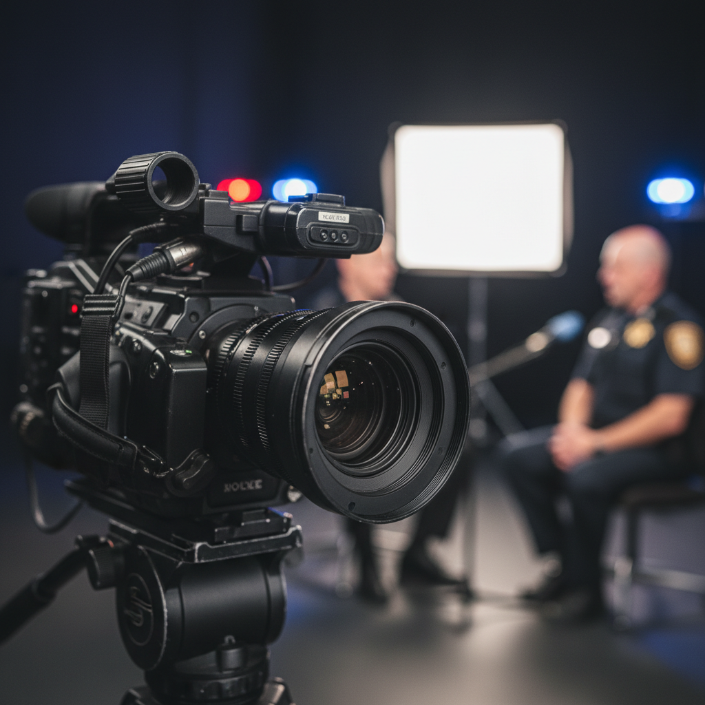 Close up of a professional video camera recording a blurred interview setting, focus on the lens, technology in law enforcement, realistic