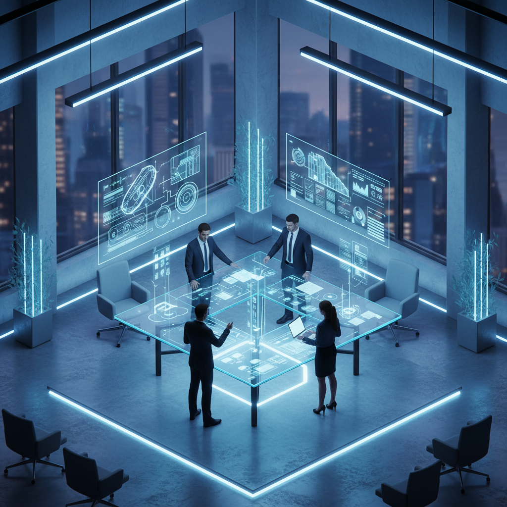 Isometric view of a modern office planning session, glass whiteboards, clean tech aesthetic, soft blue lighting