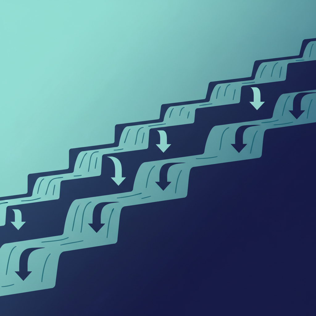 Diagram style illustration of cascading steps or waterfalls representing linear process flow, clean vector graphics style, teal and navy blue.