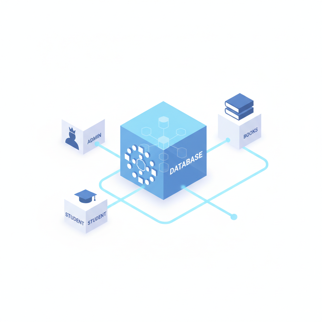 Isometric illustration of a library system modules, minimal design, white background, showing icons for Admin, Student, Books, and Database connected by lines