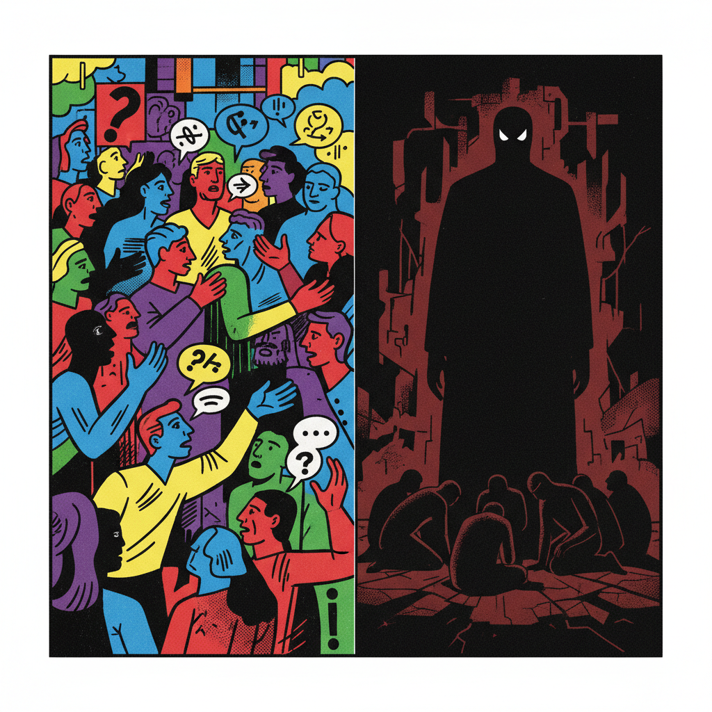 Split screen illustration: Left side shows a colorful group of people debating, Right side shows a single silhouette figure looming over others in shadows. Activist art style.