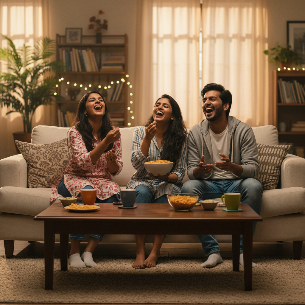 Cinematic shot of young Indian friends laughing together in a living room, eating snacks on a sofa, warm lighting, high quality 4k