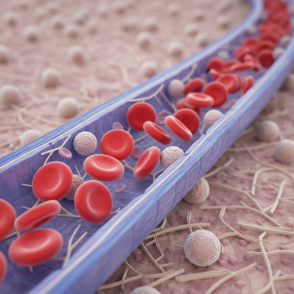 Conceptual medical illustration showing healthy red blood cells flowing through a vein, 3d render, high quality, medical textbook style