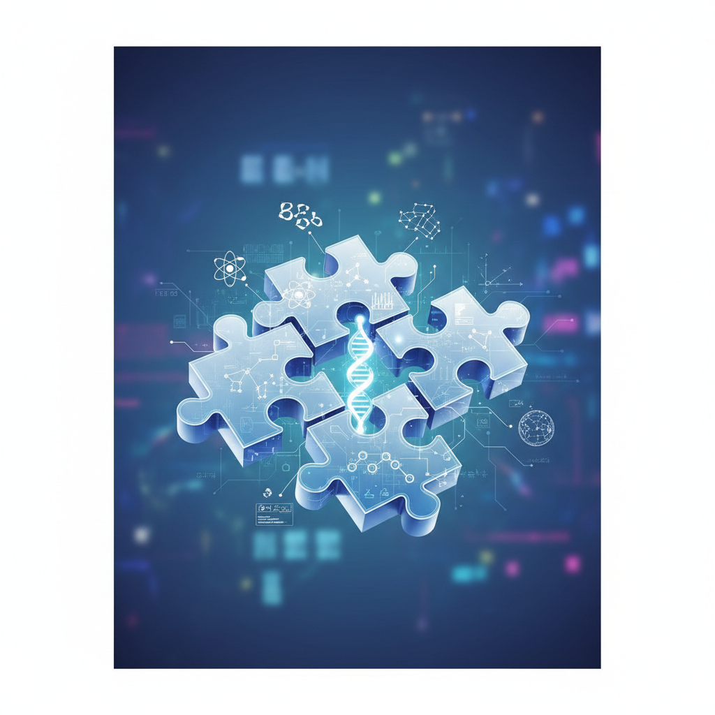 Puzzle pieces fitting together perfectly, representing a solved scientific mystery, clean style