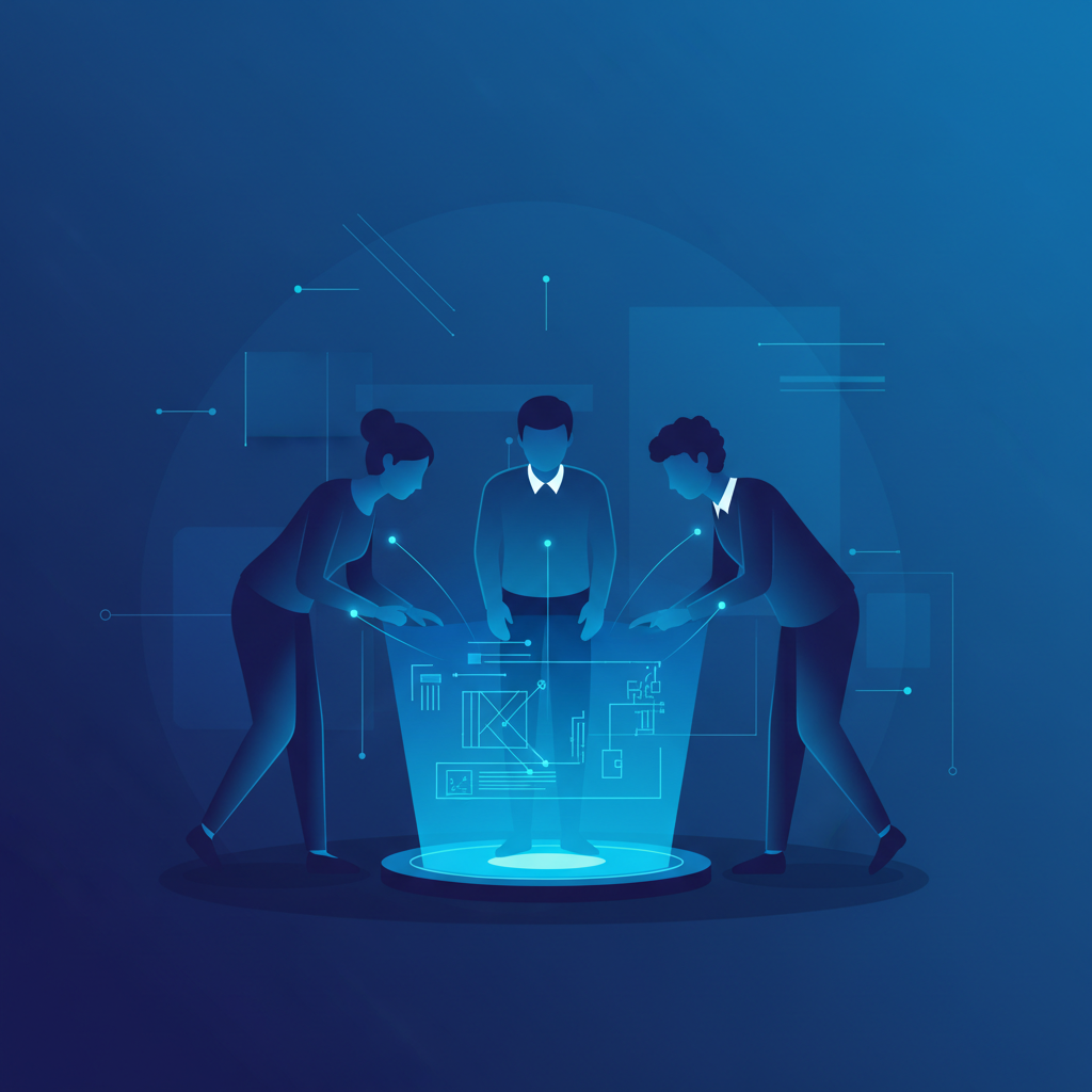 Minimalist corporate illustration of three diverse silhouettes collaborating over a holographic blueprint, professional style, dark blue tones