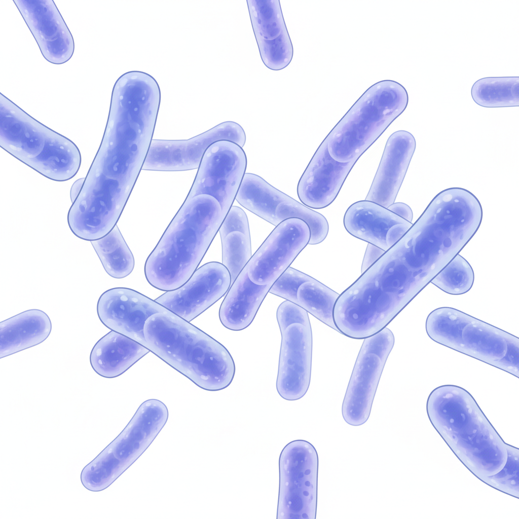 Microscopic view of Lactobacillus rod-shaped bacteria, medical illustration style, clean white background, soft blue and purple lighting