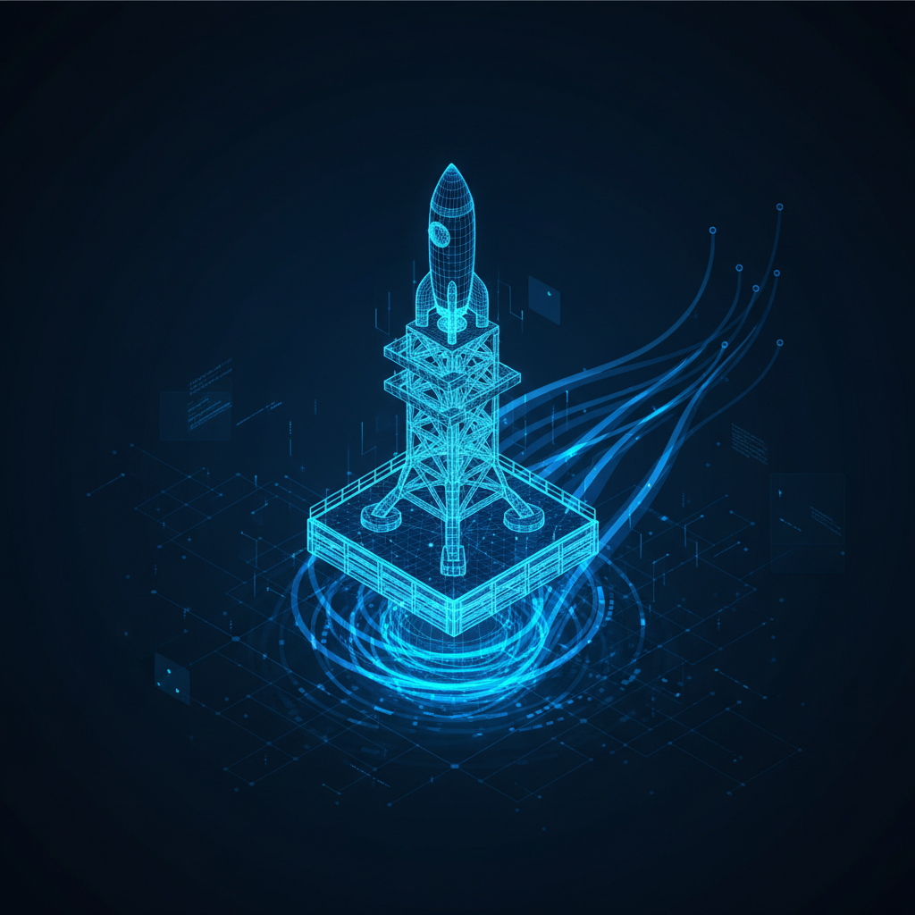 abstract glowing rocket launchpad, digital wireframe style, isometric view, dark blue background with electric blue energy lines, concept of stability launching innovation, tech startup vibes