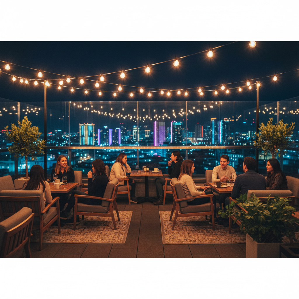 Nighttime view of a rooftop cafe with string lights, people chatting, city lights reflecting in glass, cozy atmosphere