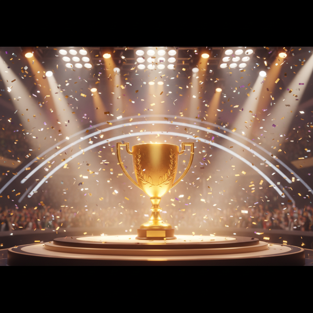 Golden trophy cup glowing in the center of a stage, confetti falling, celebratory lights, 3d render
