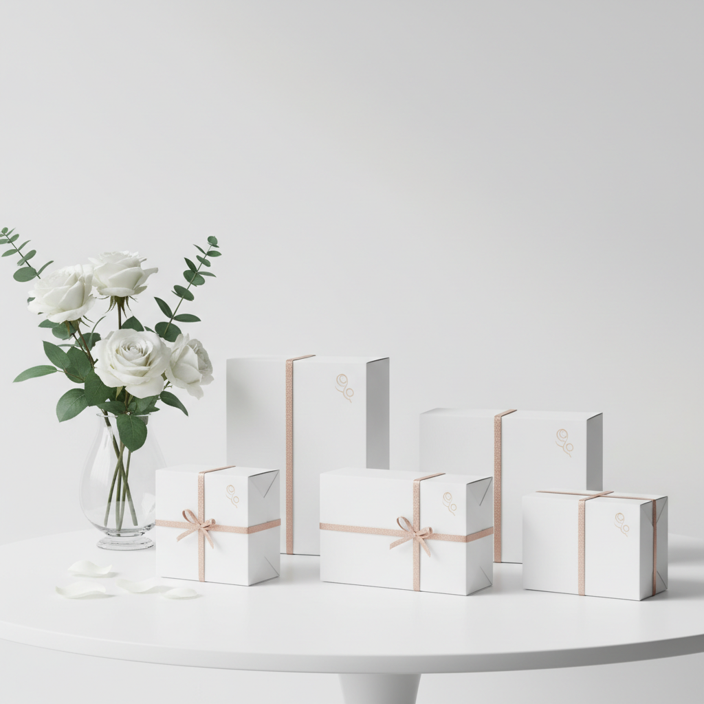 Clean, minimalist white shipping boxes with subtle rose-gold ribbon and branding, sitting on a white table with a vase of flowers details, bright e-commerce concept