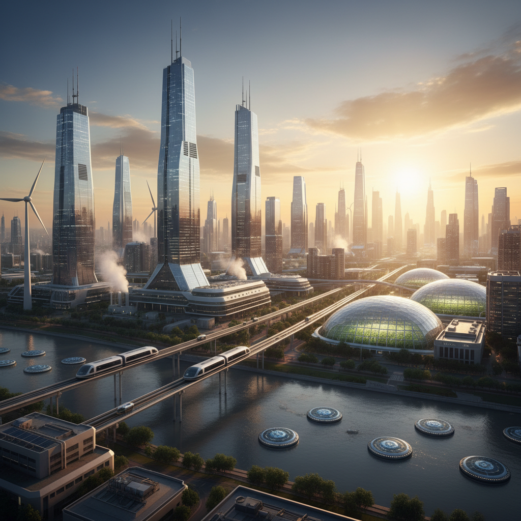 sunrise over a modern industrial city skyline, clean energy, hopeful future, cinematic