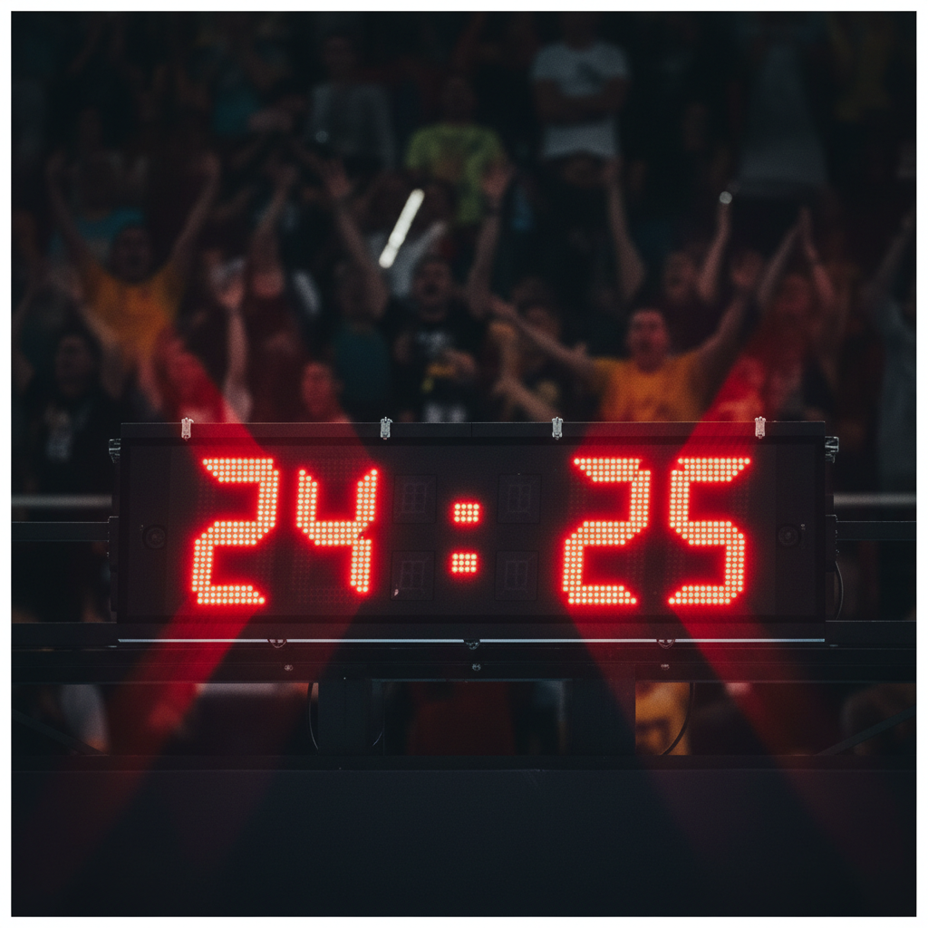 realistic photo of modern volleyball scoreboard showing score 24-25, intense atmosphere, blurred crowd in background, high contrast LED lights