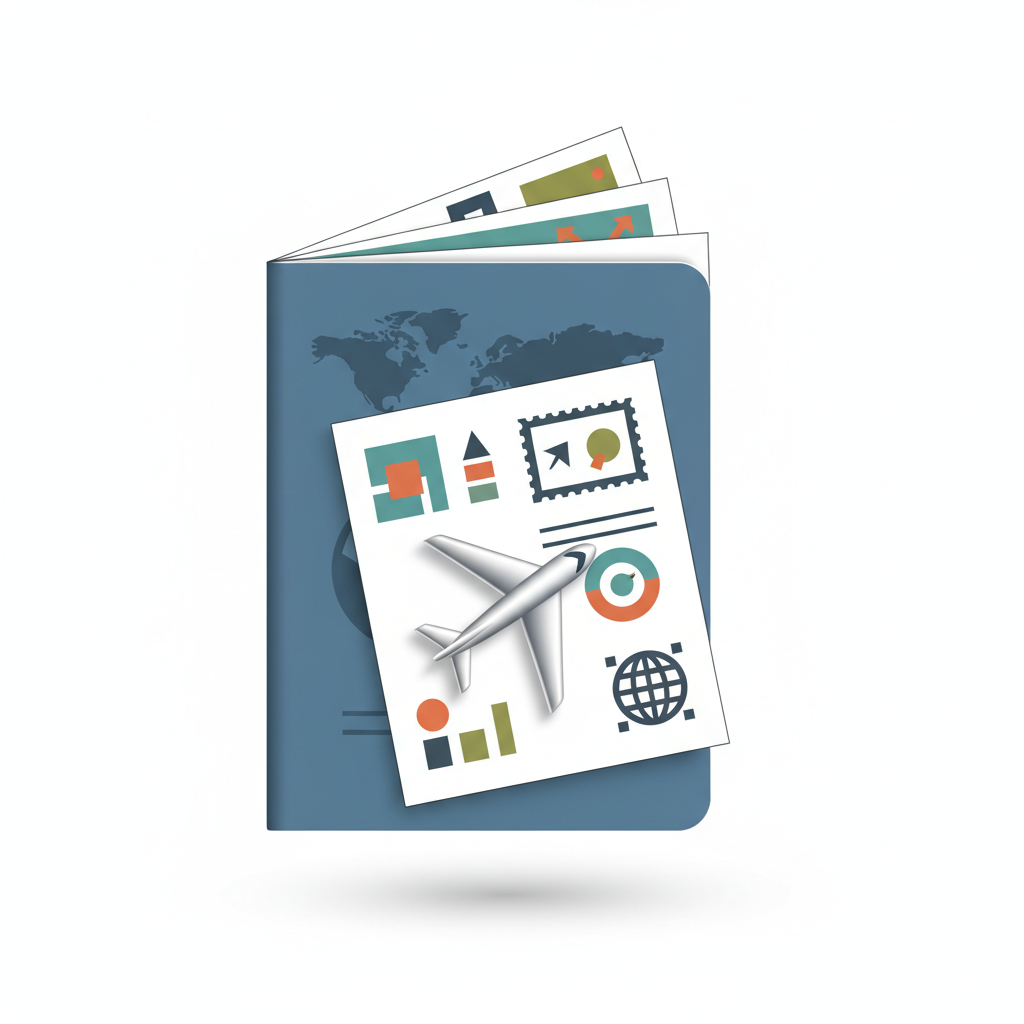 An artistic representation of a passport with various stamps and a miniature airplane, minimal style, white background