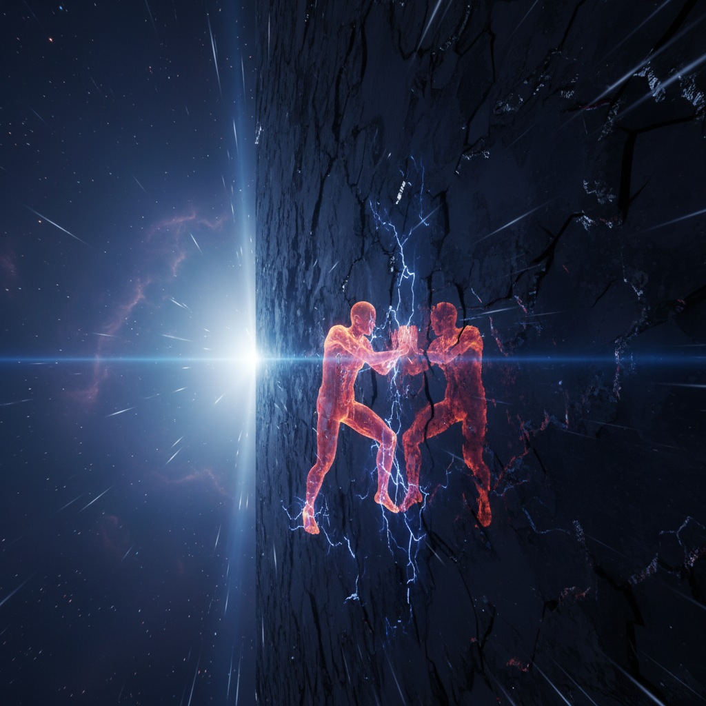 Abstract visual metaphor of an unmovable wall reflecting a person pushing against it, dramatic lighting, concept art