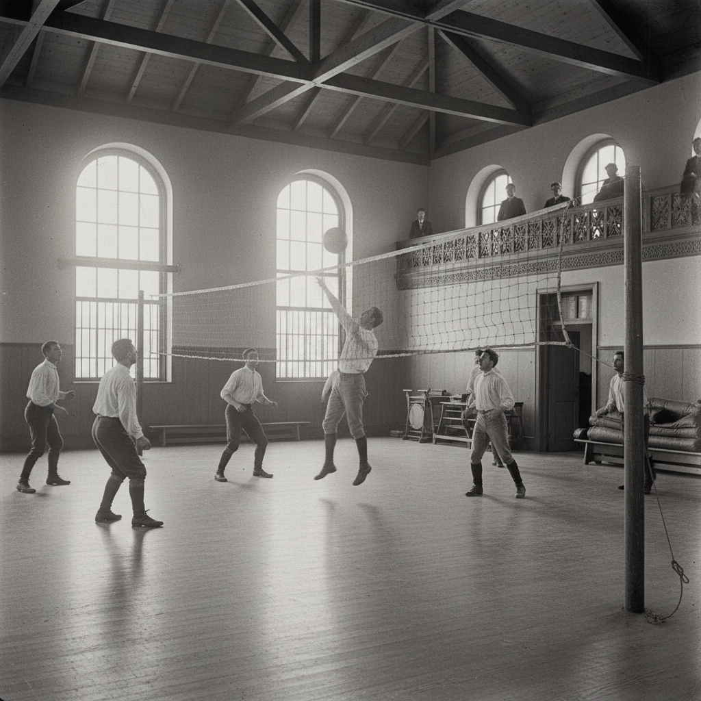 Vintage gymnasium setting 1895, early volleyball game sepia tone, leather ball, high net, historical atmosphere